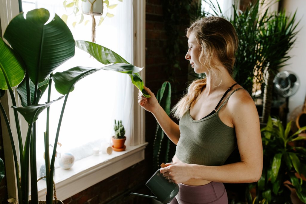 Woman admiring Bird of Paradise leaf.